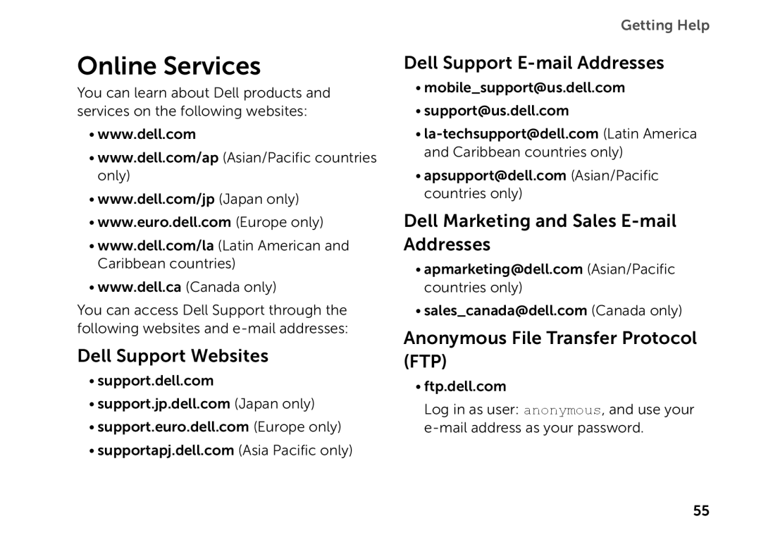 Dell D03M setup guide Online Services, Dell Support Websites, Dell Support E-mail Addresses 