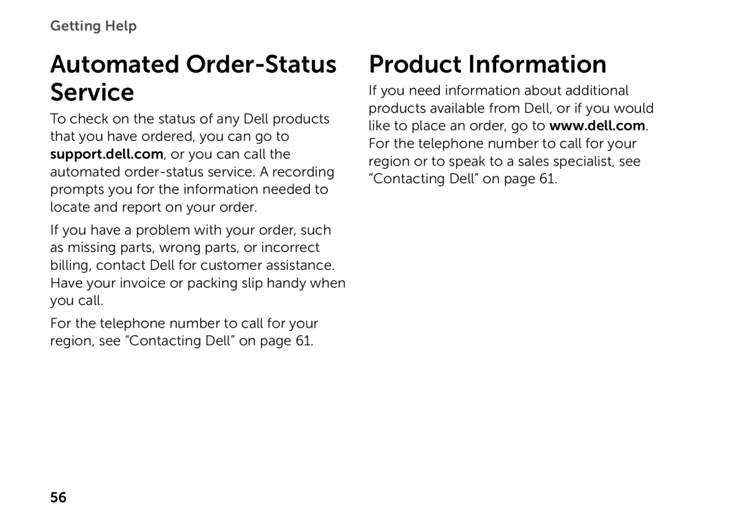 Dell D03M setup guide Automated Order-Status Service, Product Information 