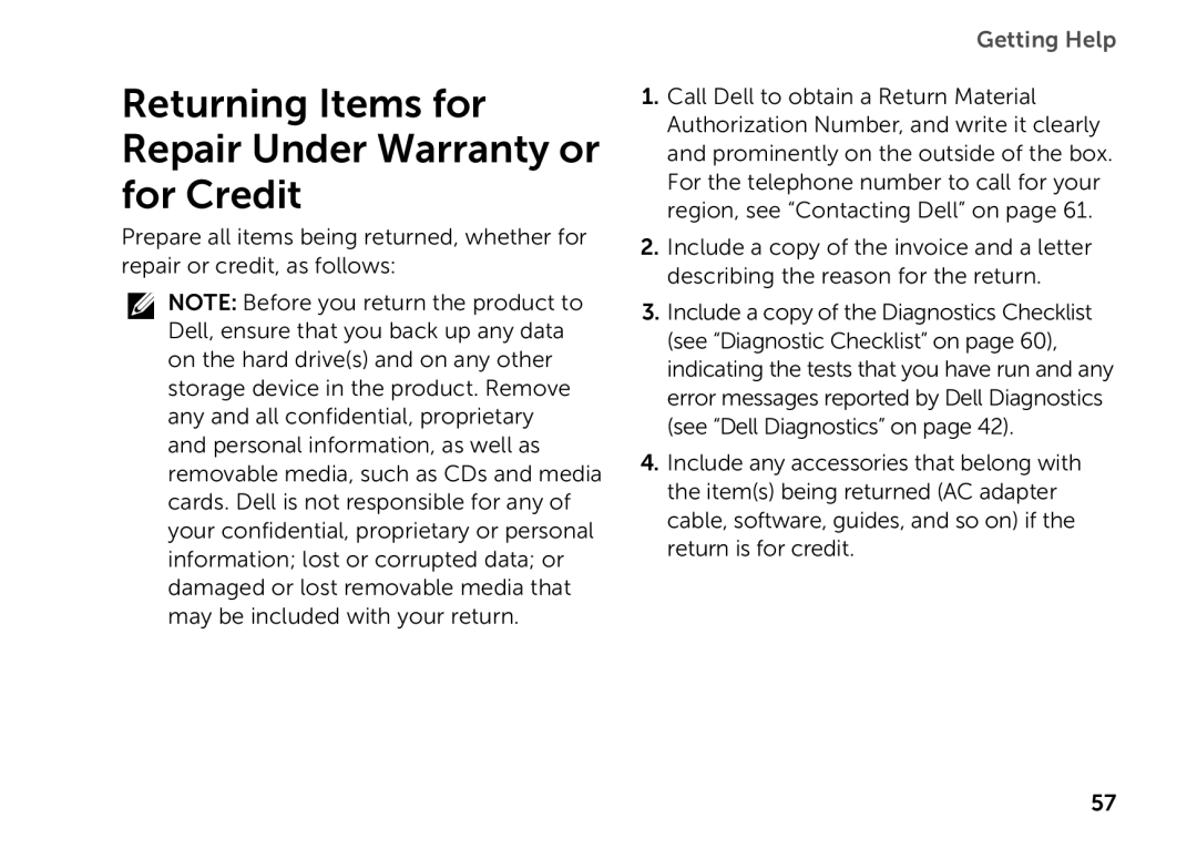 Dell D03M setup guide Returning Items for Repair Under Warranty or for Credit 