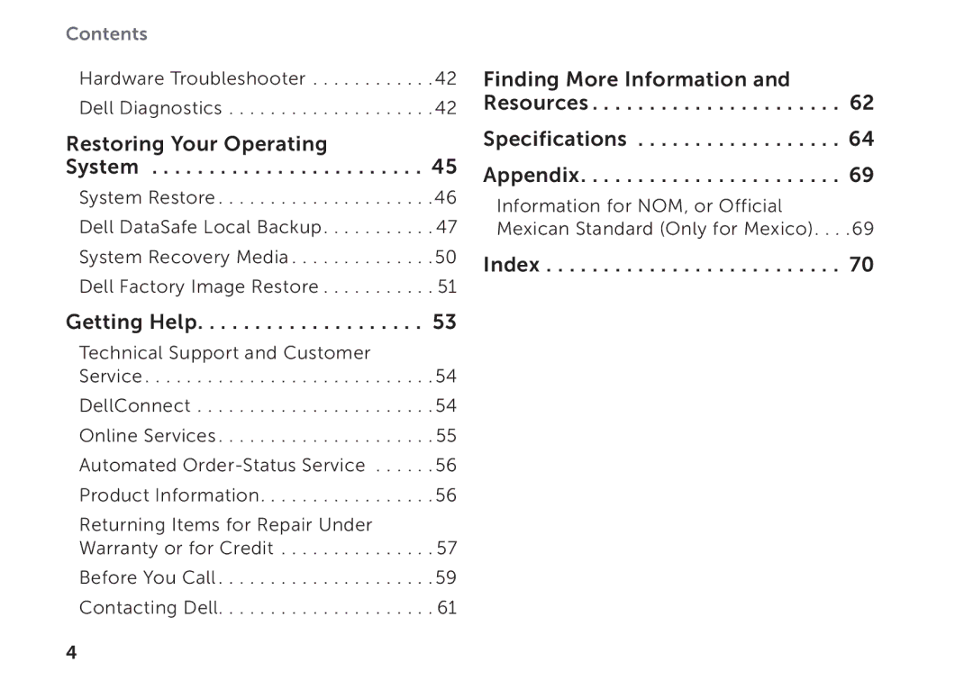 Dell D03M setup guide Finding More Information Resources Specifications Appendix 