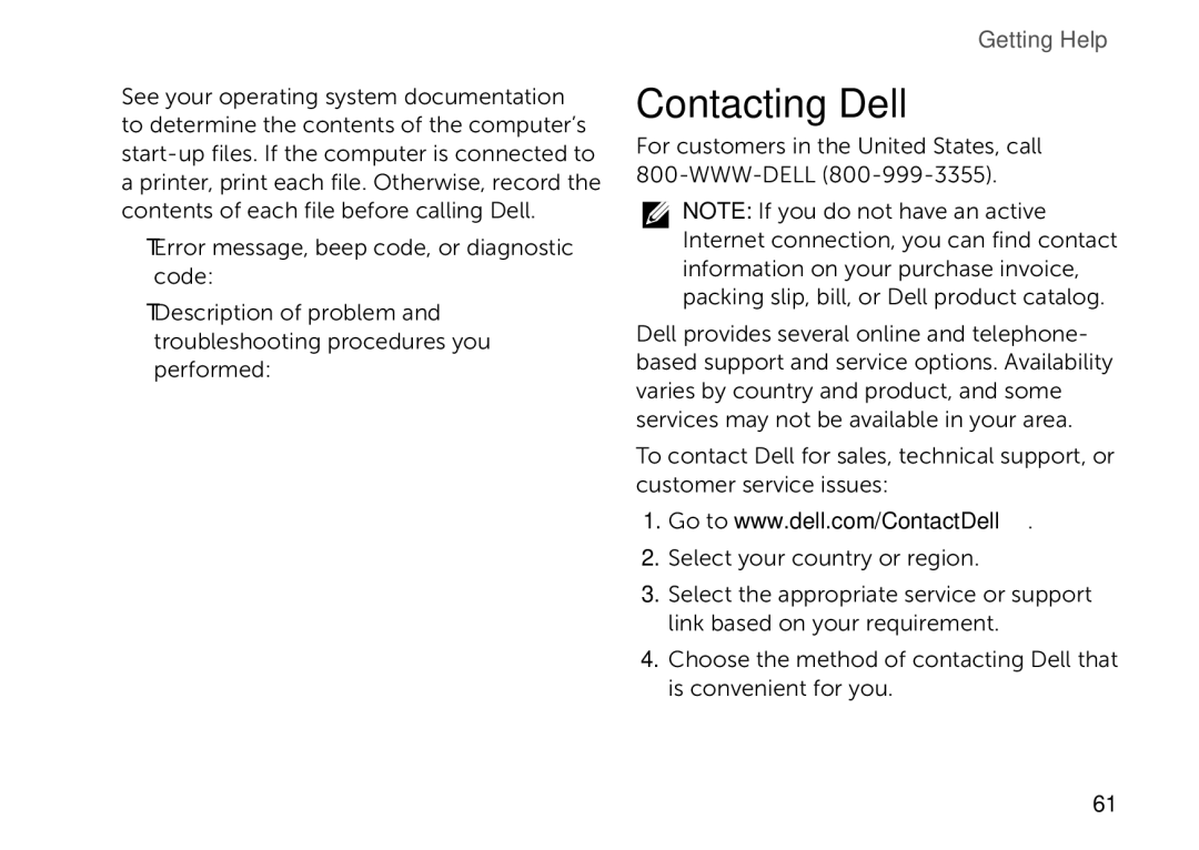 Dell D03M setup guide Contacting Dell 