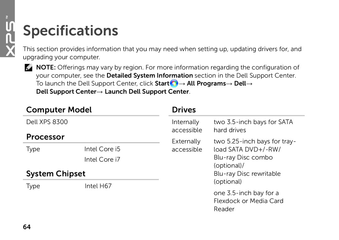 Dell D03M setup guide Specifications, Computer Model, Processor, System Chipset, Drives 