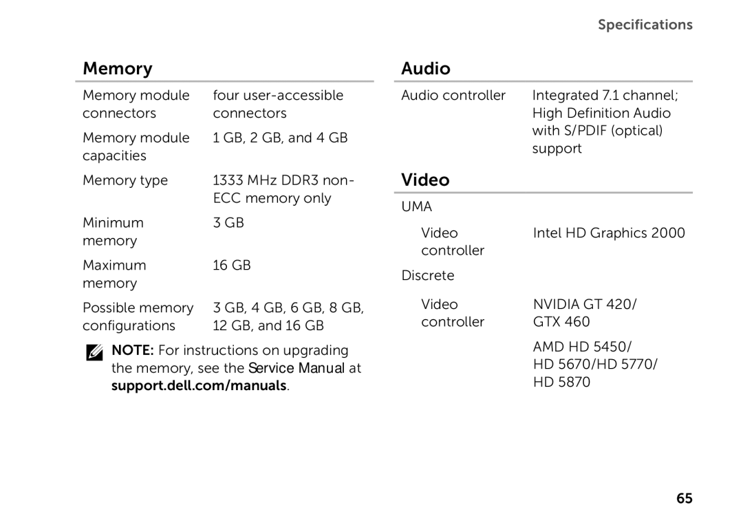 Dell D03M setup guide Memory, Audio, Video 