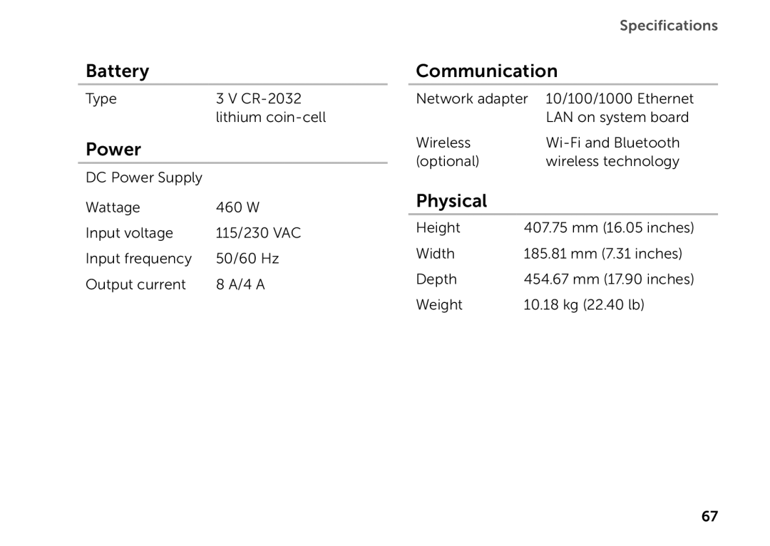 Dell D03M setup guide Battery, Power, Communication, Physical 