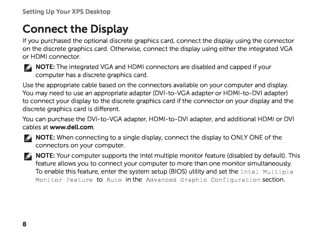 Dell D03M setup guide Connect the Display, Setting Up Your XPS Desktop 