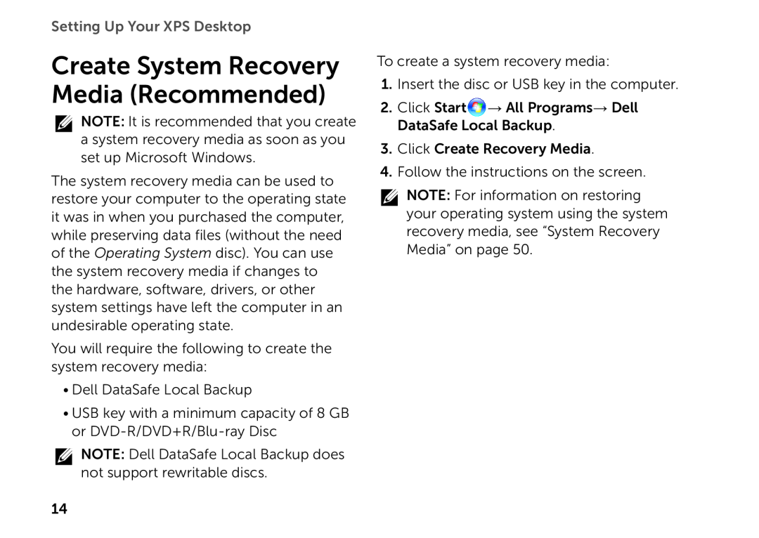 Dell D03M setup guide Create System Recovery Media Recommended, Setting Up Your XPS Desktop 