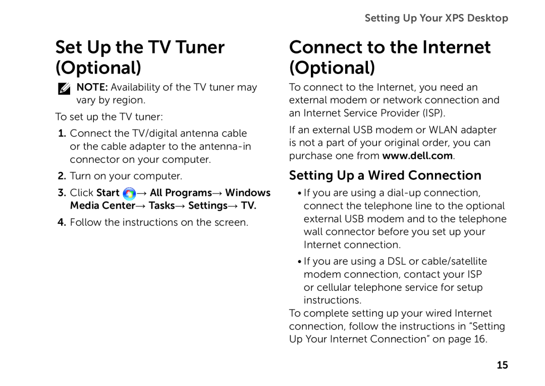 Dell D03M setup guide Set Up the TV Tuner Optional, Connect to the Internet Optional, Setting Up a Wired Connection 