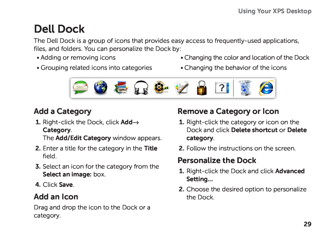 Dell D03M Dell Dock, Add a Category, Add an Icon, Remove a Category or Icon, Personalize the Dock, Using Your XPS Desktop 