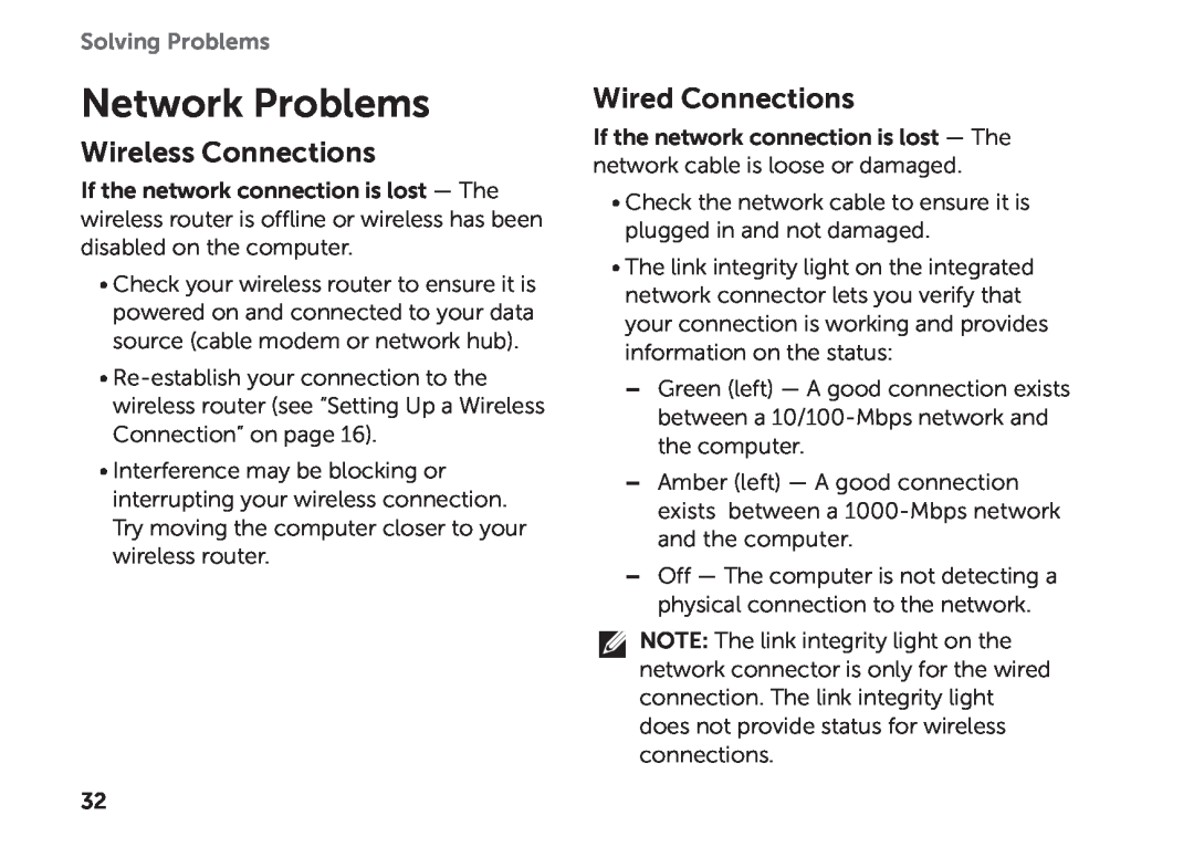Dell D03M setup guide Network Problems, Wireless Connections, Wired Connections, Solving Problems 