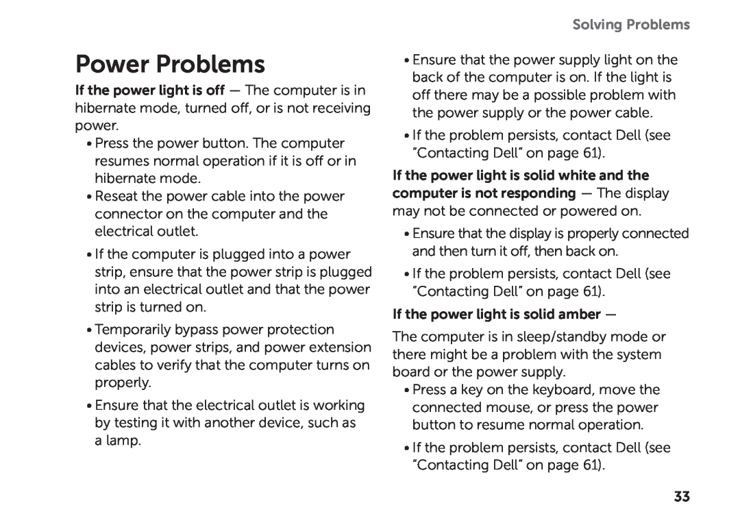 Dell D03M setup guide Power Problems, Solving Problems 