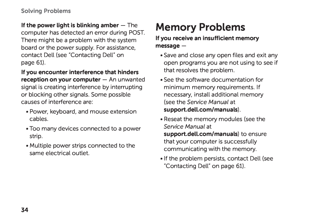 Dell D03M setup guide Memory Problems, Solving Problems 