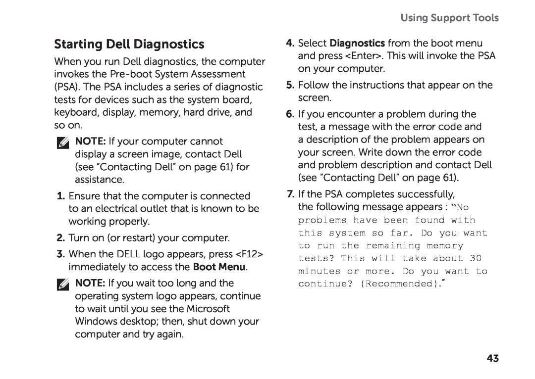 Dell D03M setup guide Starting Dell Diagnostics, Using Support Tools 