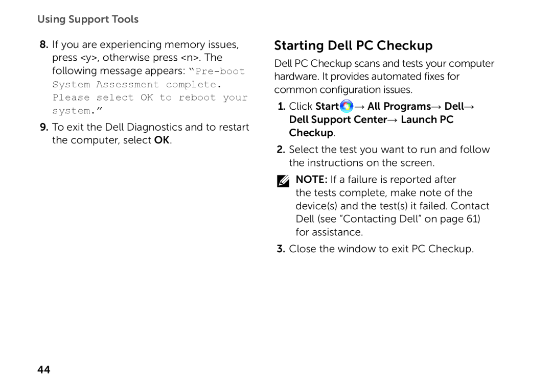 Dell D03M setup guide Starting Dell PC Checkup, Using Support Tools 