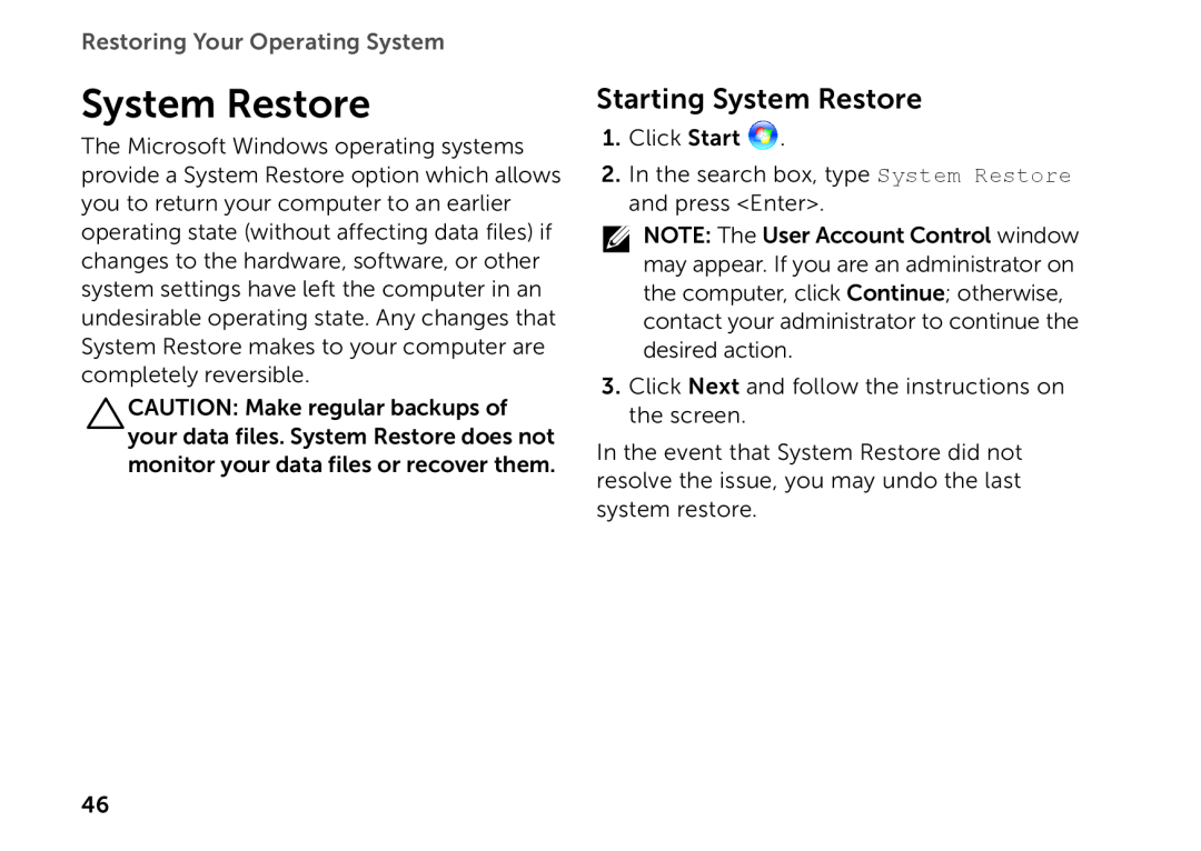 Dell D03M setup guide Starting System Restore, Restoring Your Operating System 