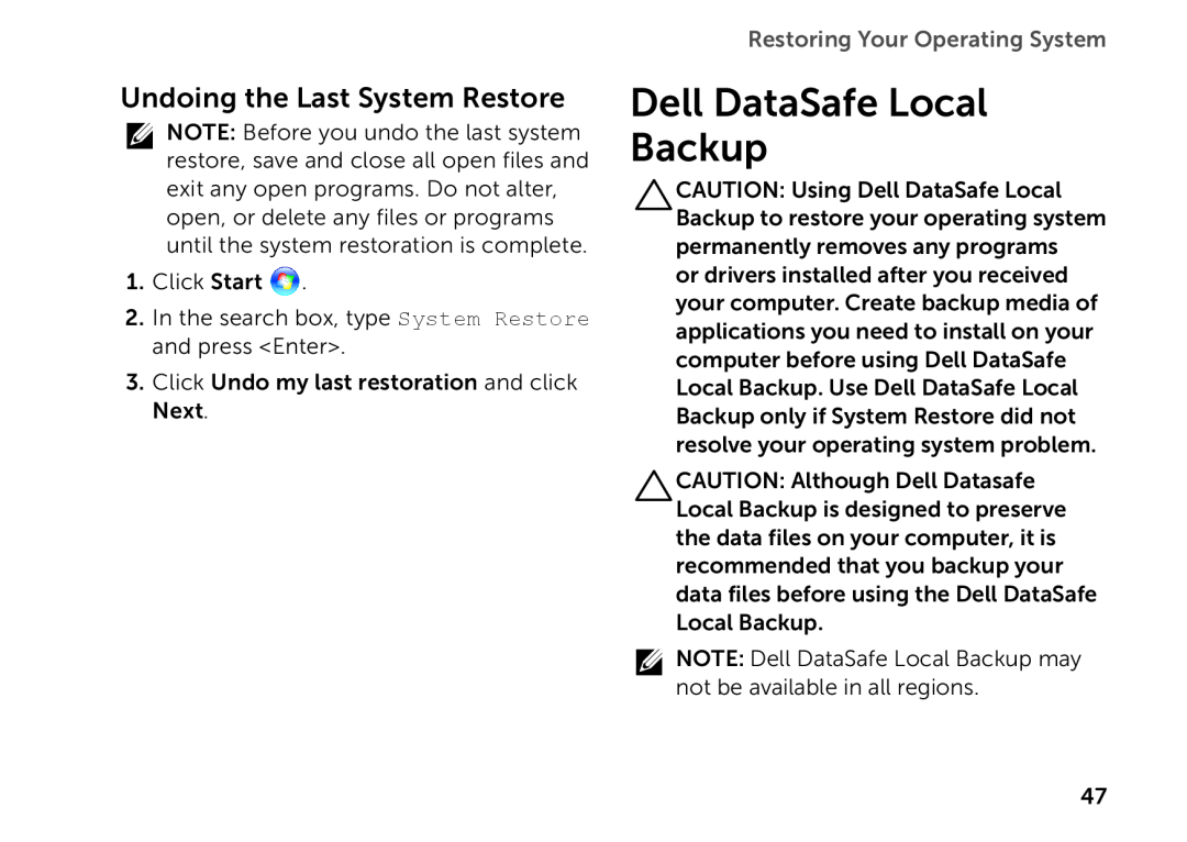 Dell D03M setup guide Dell DataSafe Local Backup, Undoing the Last System Restore, Restoring Your Operating System 