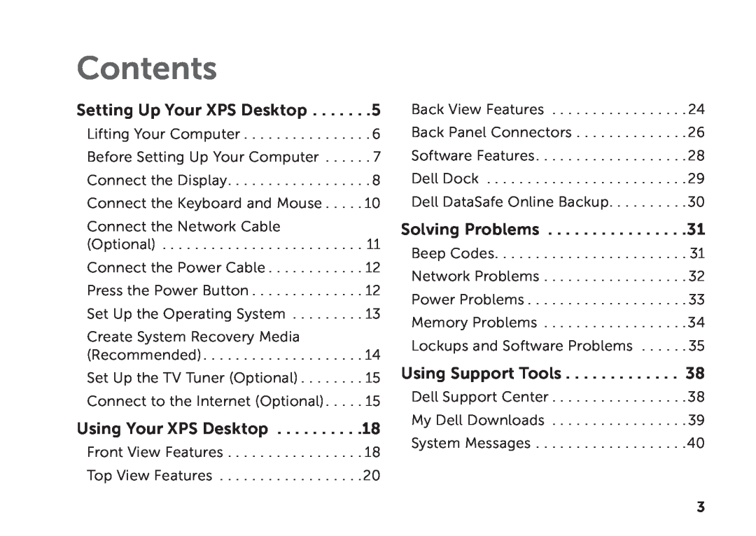 Dell D03M setup guide Contents, Setting Up Your XPS Desktop, Using Your XPS Desktop, Solving Problems, Using Support Tools 