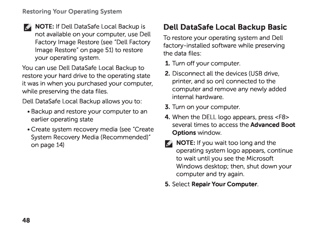 Dell D03M setup guide Dell DataSafe Local Backup Basic, Restoring Your Operating System 