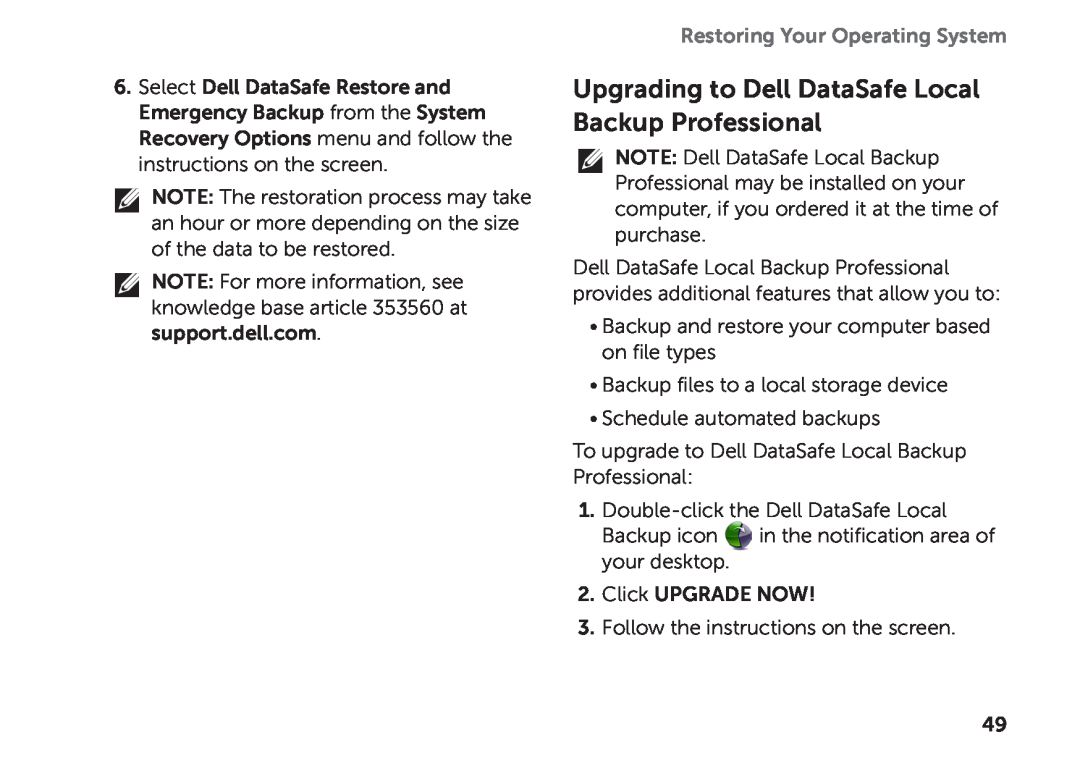 Dell D03M setup guide Upgrading to Dell DataSafe Local Backup Professional, Restoring Your Operating System 