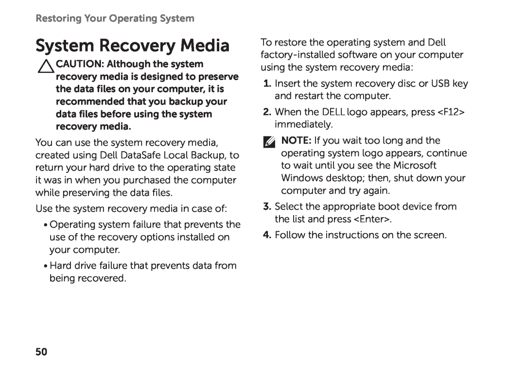 Dell D03M setup guide System Recovery Media, Restoring Your Operating System 