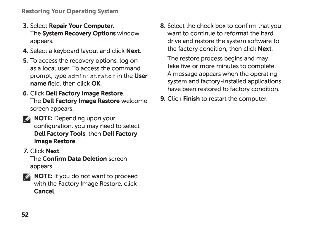 Dell D03M setup guide Restoring Your Operating System, Select Repair Your Computer 