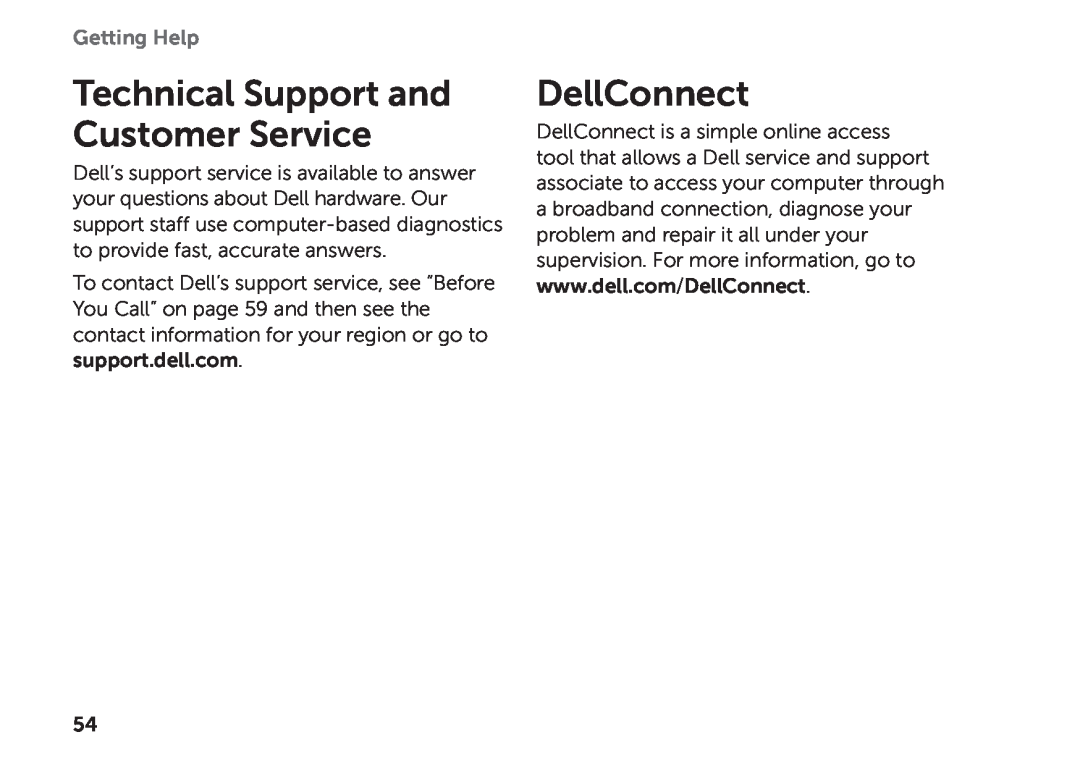 Dell D03M setup guide Technical Support and Customer Service, DellConnect, Getting Help 