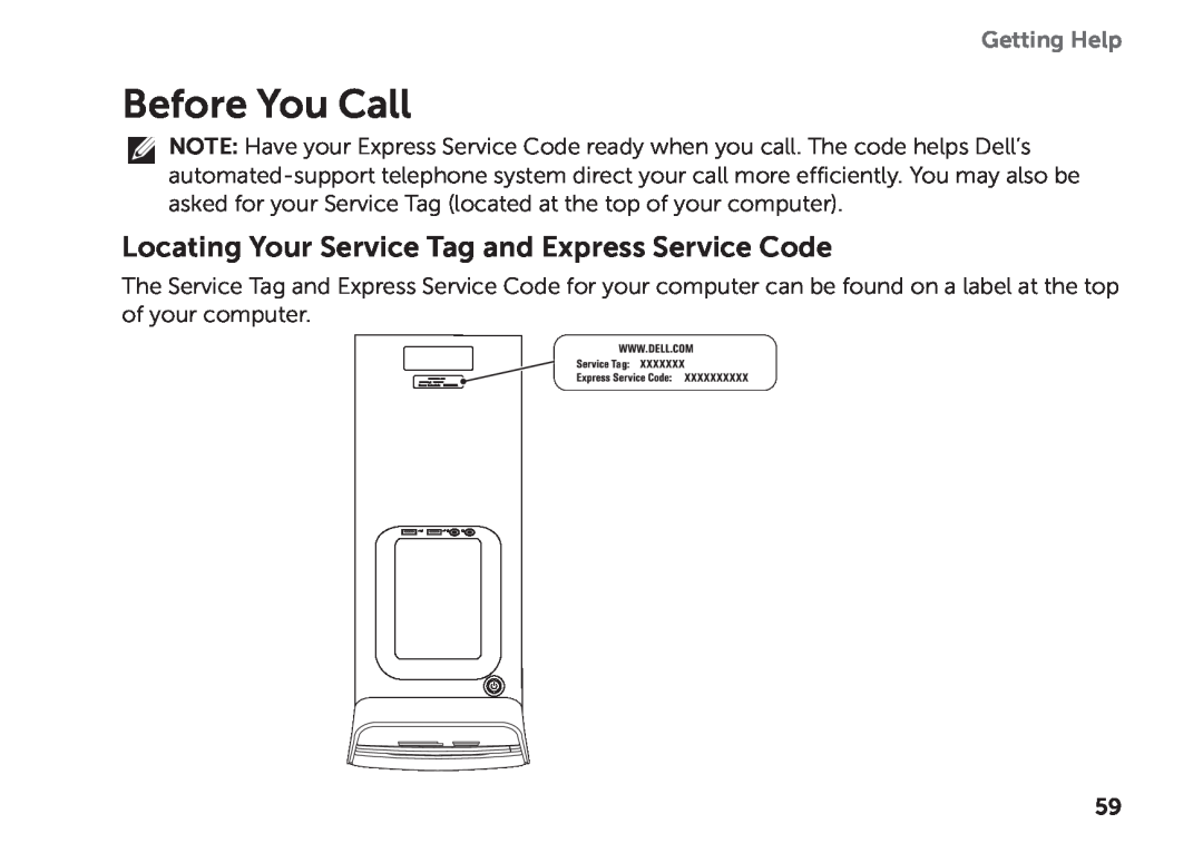 Dell D03M setup guide Before You Call, Locating Your Service Tag and Express Service Code, Getting Help 