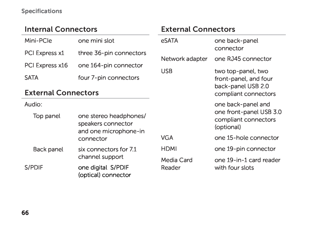 Dell D03M setup guide Internal Connectors, External Connectors, Specifications 