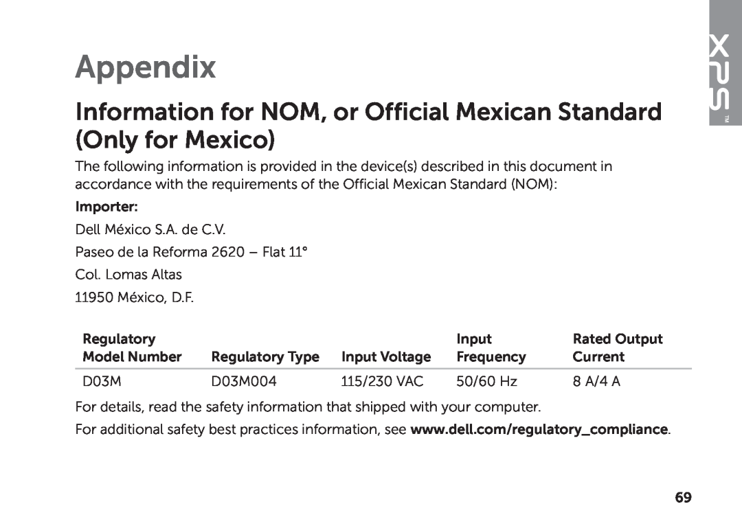 Dell D03M setup guide Appendix, Information for NOM, or Official Mexican Standard Only for Mexico 