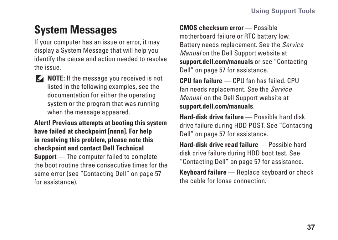 Dell D03M001, F674R, D03M series setup guide System Messages, Using Support Tools 