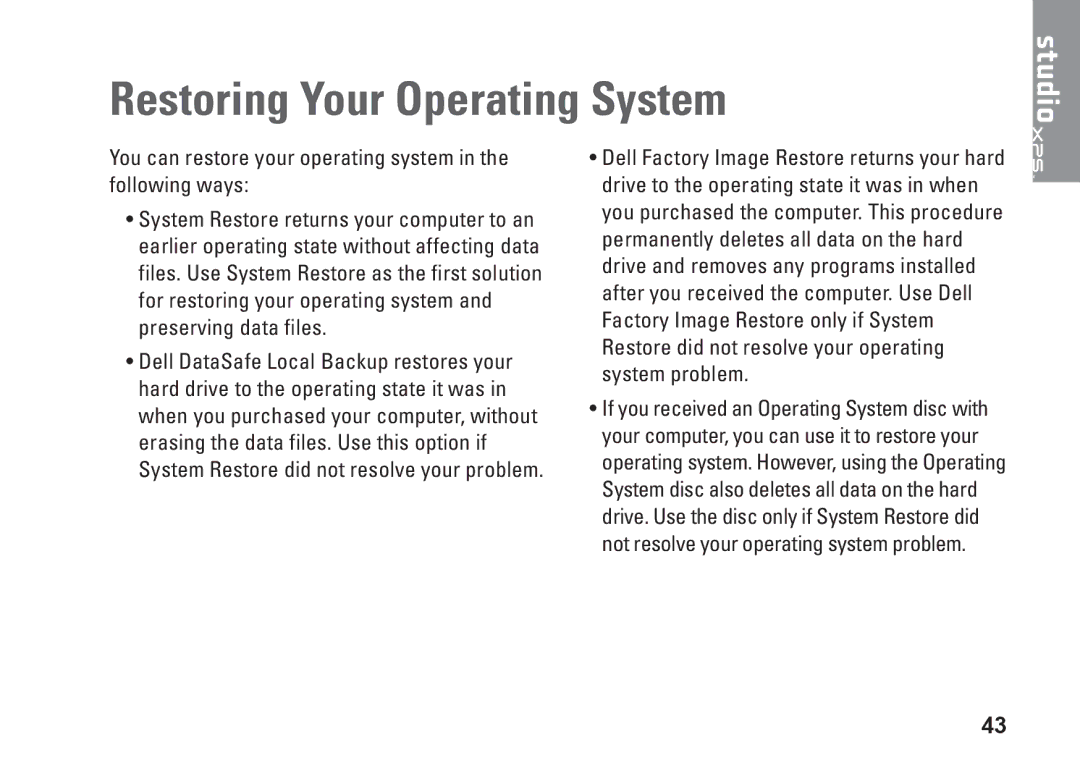 Dell D03M001, F674R, D03M series setup guide Restoring Your Operating System 