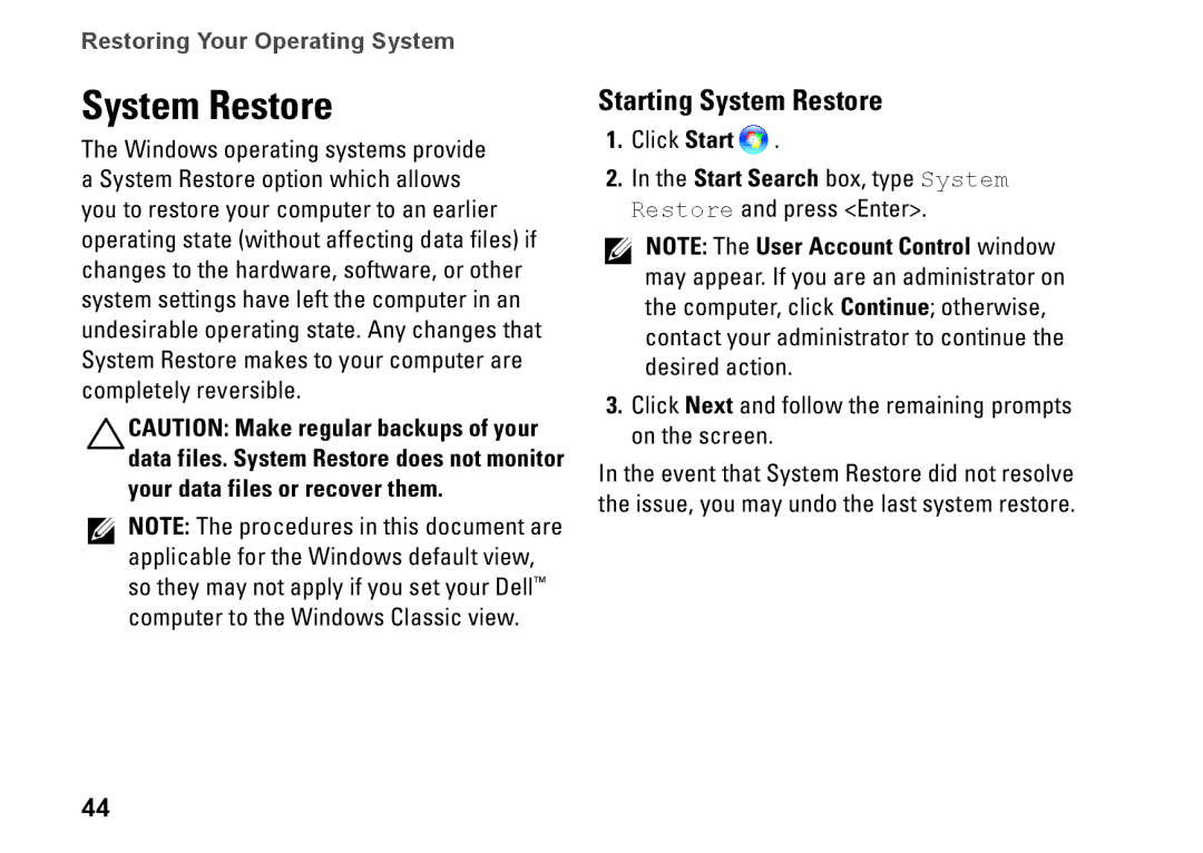 Dell F674R, D03M001, D03M series setup guide Starting System Restore 