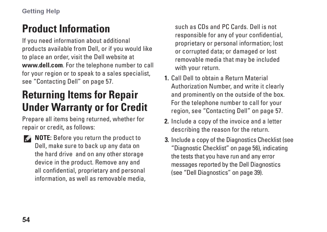 Dell D03M series, D03M001, F674R setup guide Product Information, Returning Items for Repair Under Warranty or for Credit 