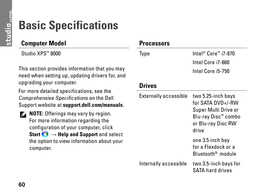 Dell D03M series, D03M001, F674R setup guide Basic Specifications, Computer Model, Processors, Drives 