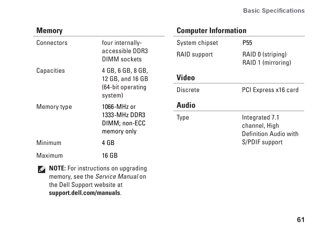 Dell D03M001, F674R, D03M series setup guide Memory, Computer Information, Video, Audio 