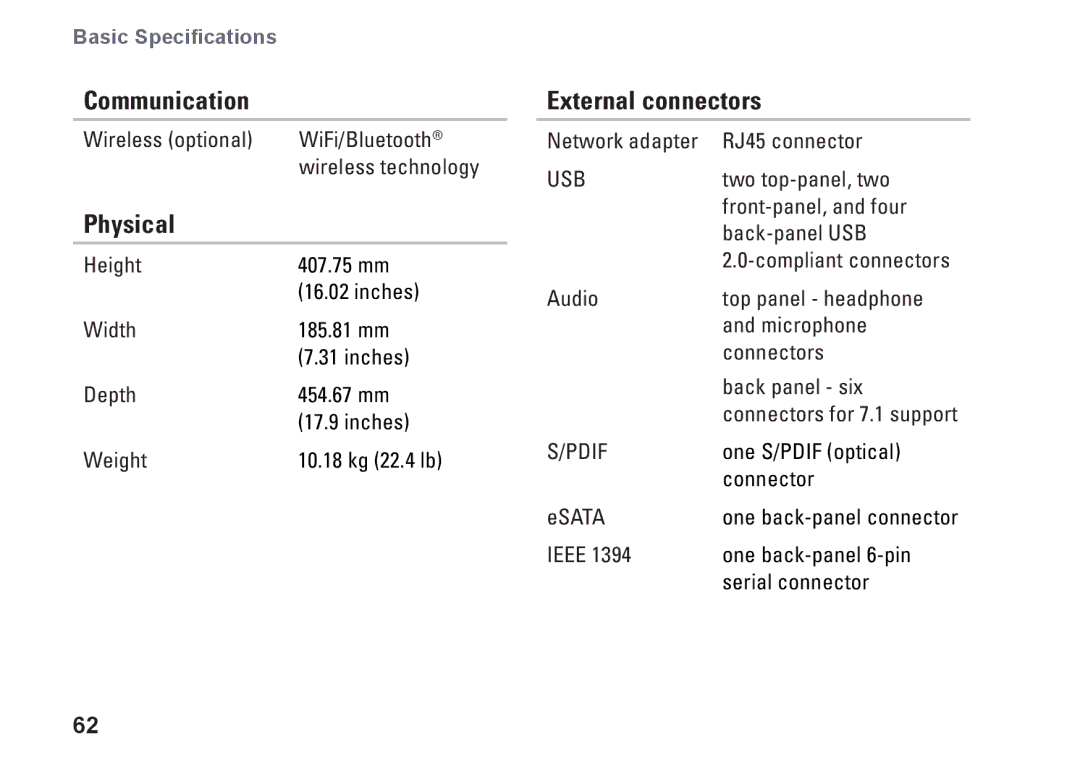 Dell F674R, D03M001, D03M series setup guide Communication, Physical, External connectors 