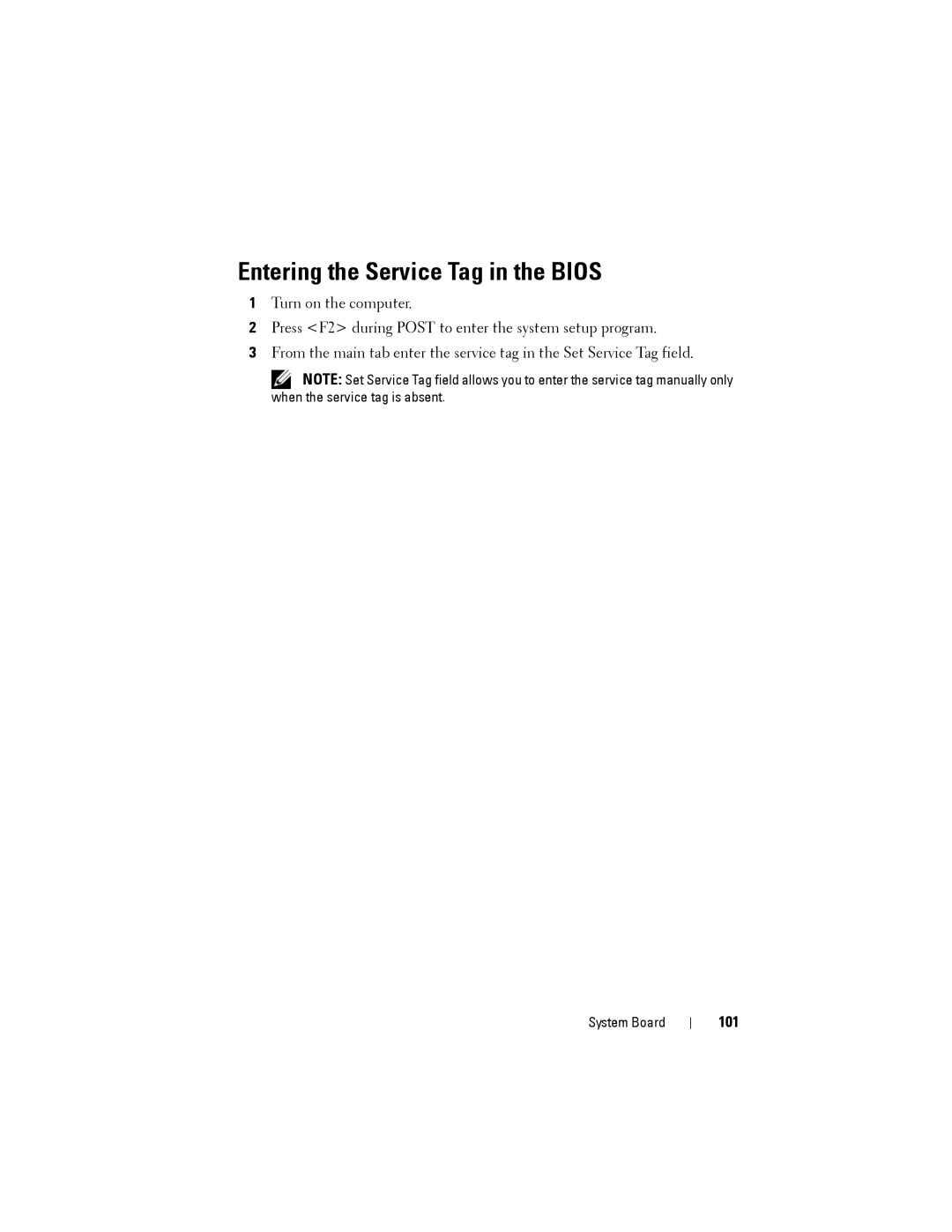 Dell D03M001, X8300-6059 service manual Entering the Service Tag in the Bios, 101 