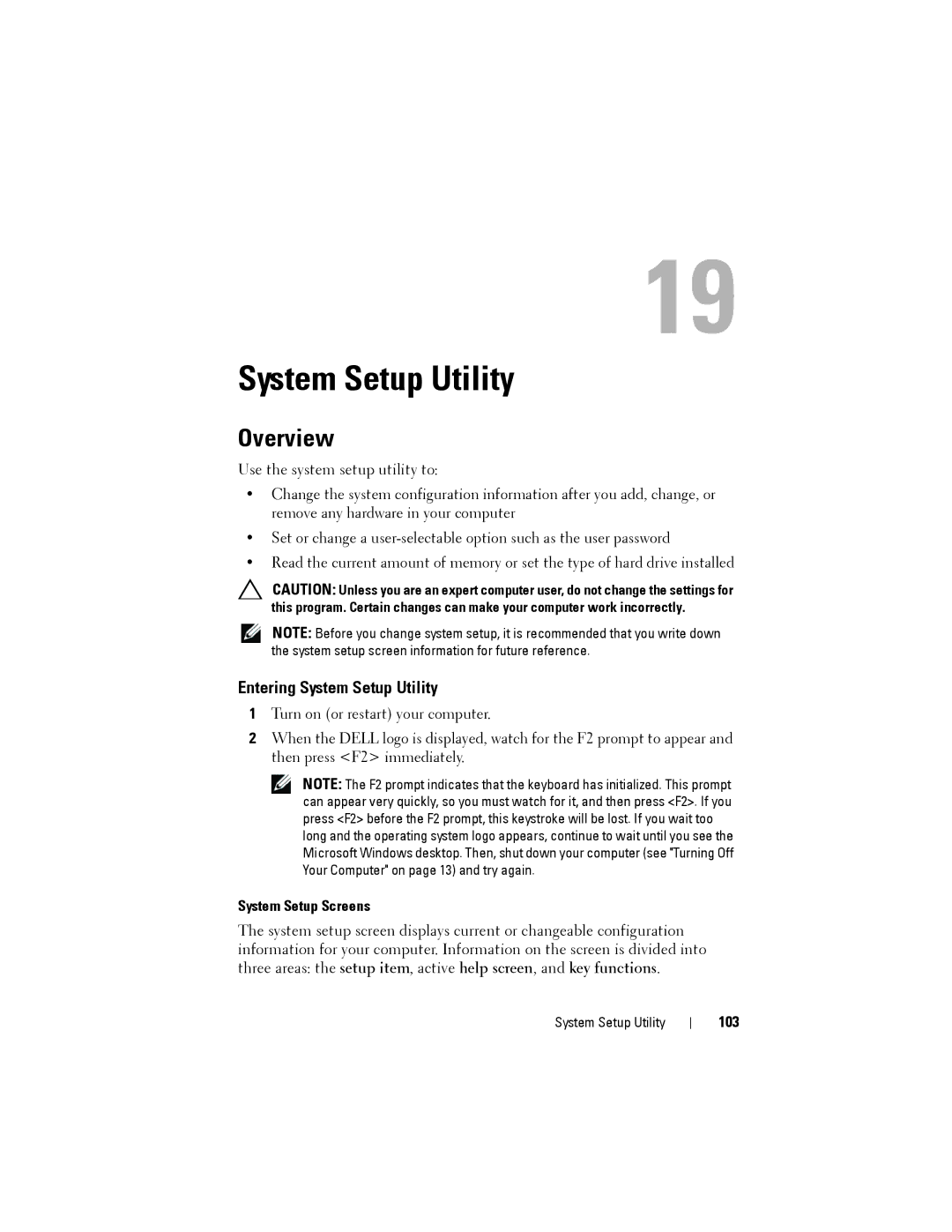 Dell X8300-6059, D03M001 service manual Overview, Entering System Setup Utility, System Setup Screens 