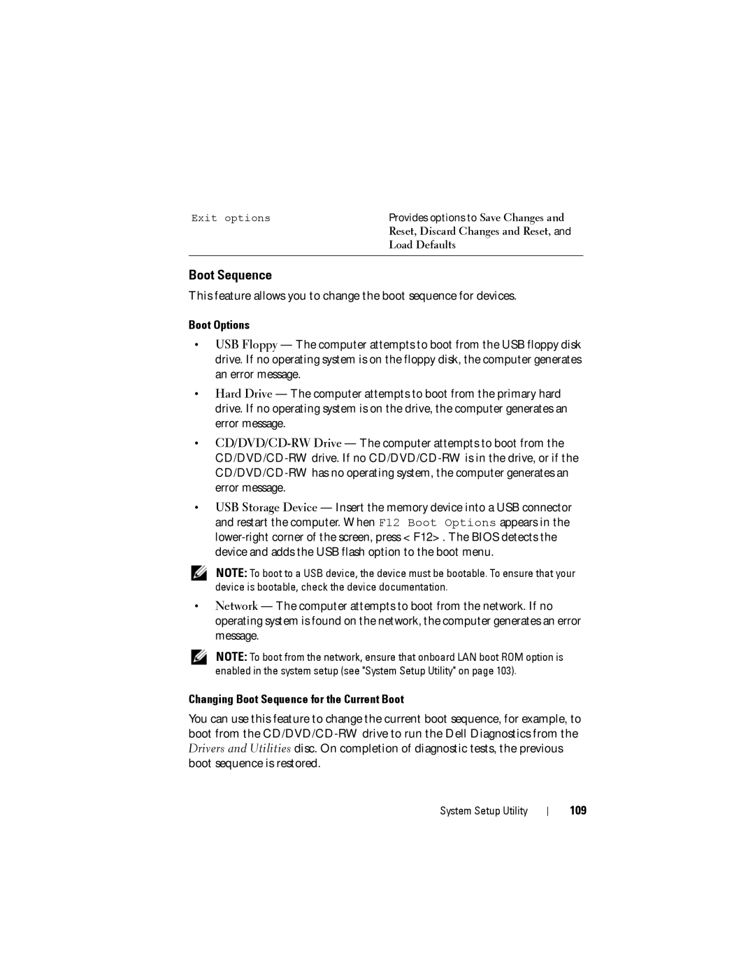 Dell X8300-6059, D03M001 service manual Boot Options, Changing Boot Sequence for the Current Boot, 109 