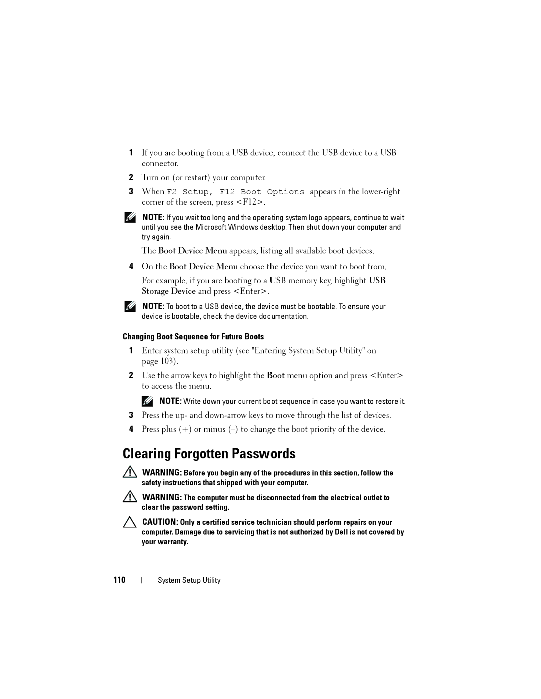 Dell D03M001, X8300-6059 service manual Clearing Forgotten Passwords, Changing Boot Sequence for Future Boots, 110 