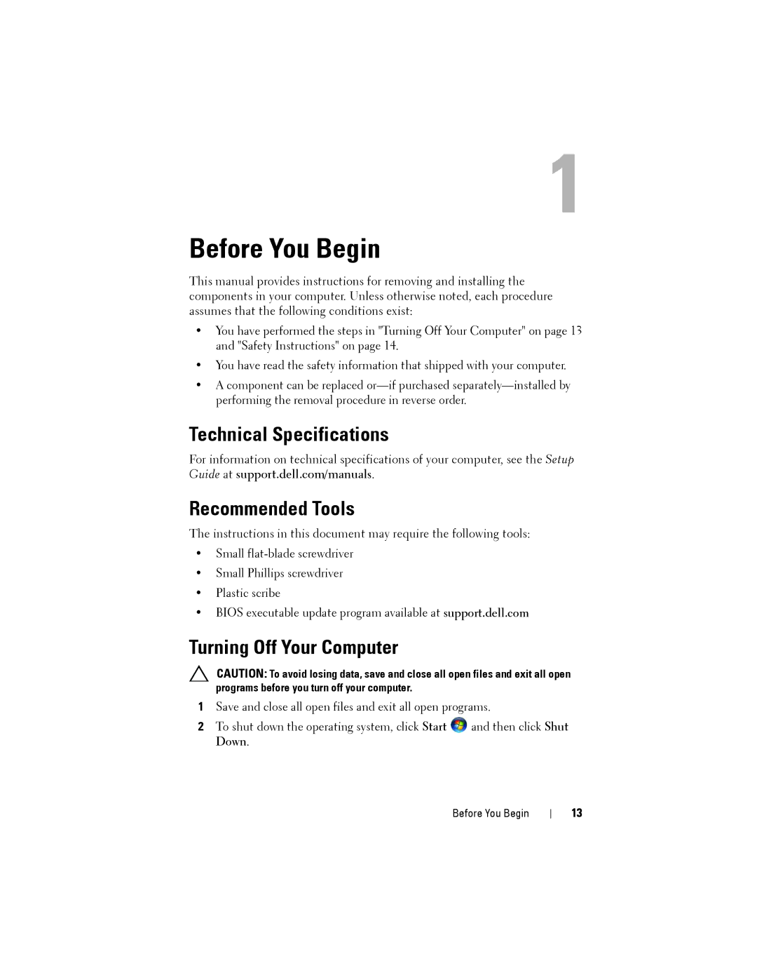 Dell X8300-6059, D03M001 Before You Begin, Technical Specifications Recommended Tools, Turning Off Your Computer 