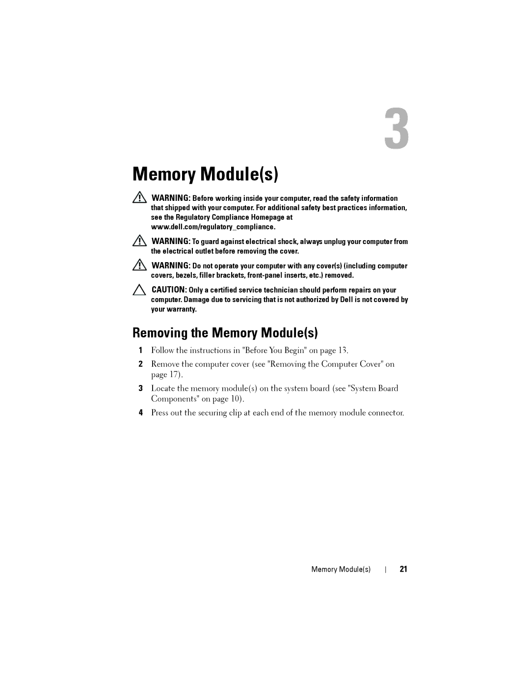 Dell D03M001, X8300-6059 service manual Removing the Memory Modules 