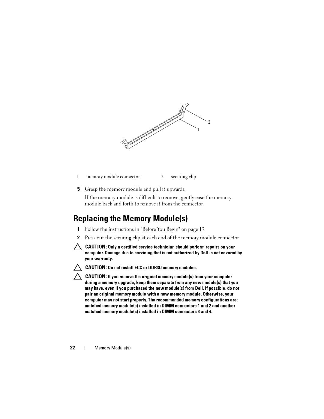 Dell X8300-6059, D03M001 service manual Replacing the Memory Modules 