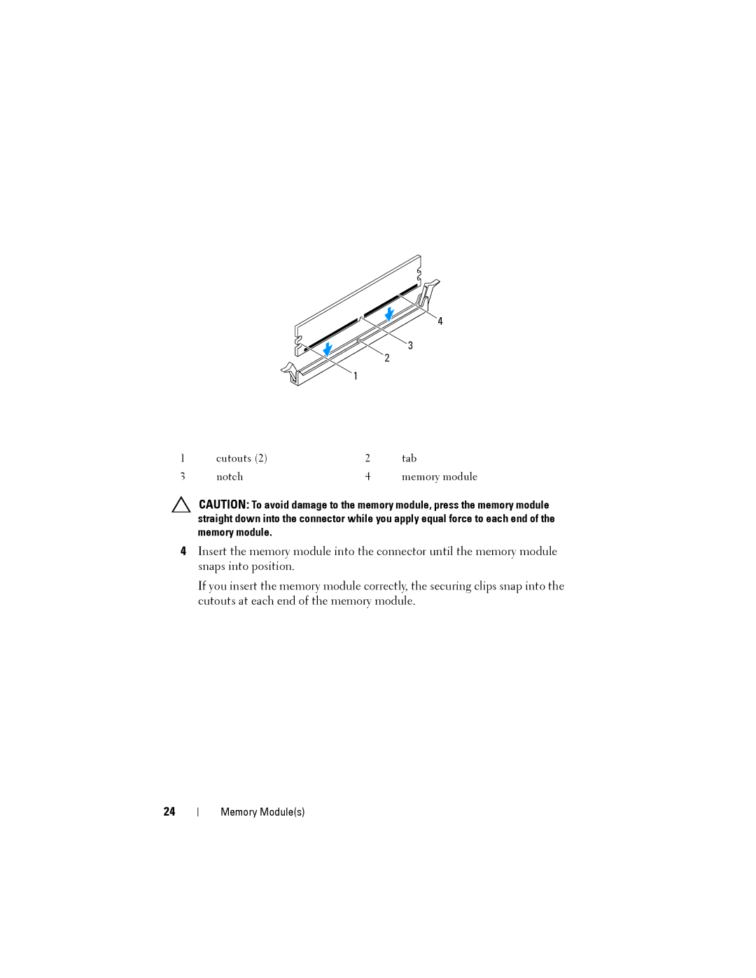 Dell D03M001, X8300-6059 service manual Cutouts Tab Notch Memory module 