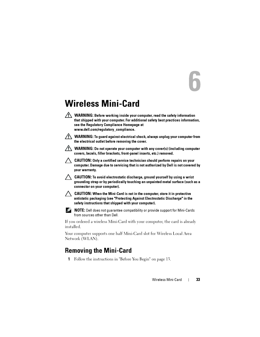 Dell D03M001, X8300-6059 service manual Wireless Mini-Card, Removing the Mini-Card 