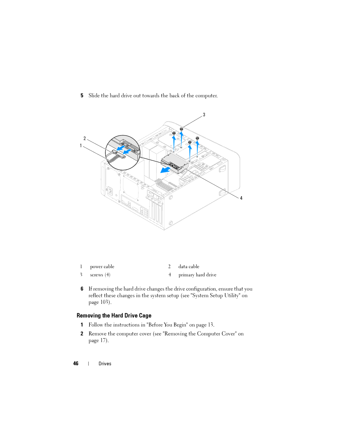 Dell X8300-6059, D03M001 service manual Removing the Hard Drive Cage 