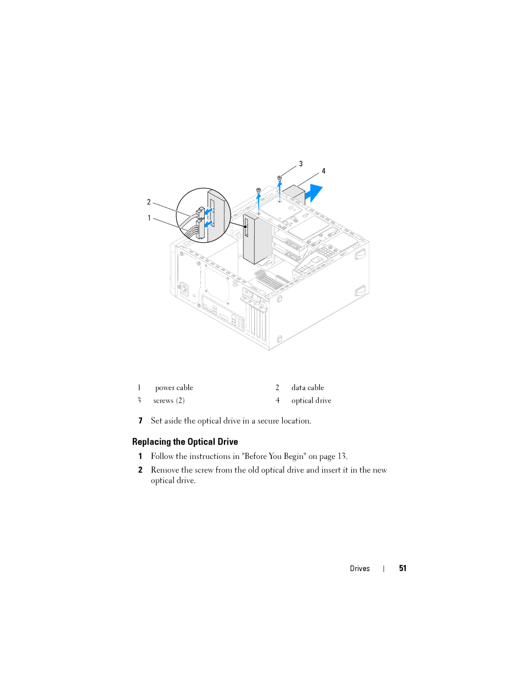 Dell D03M001, X8300-6059 service manual Replacing the Optical Drive 