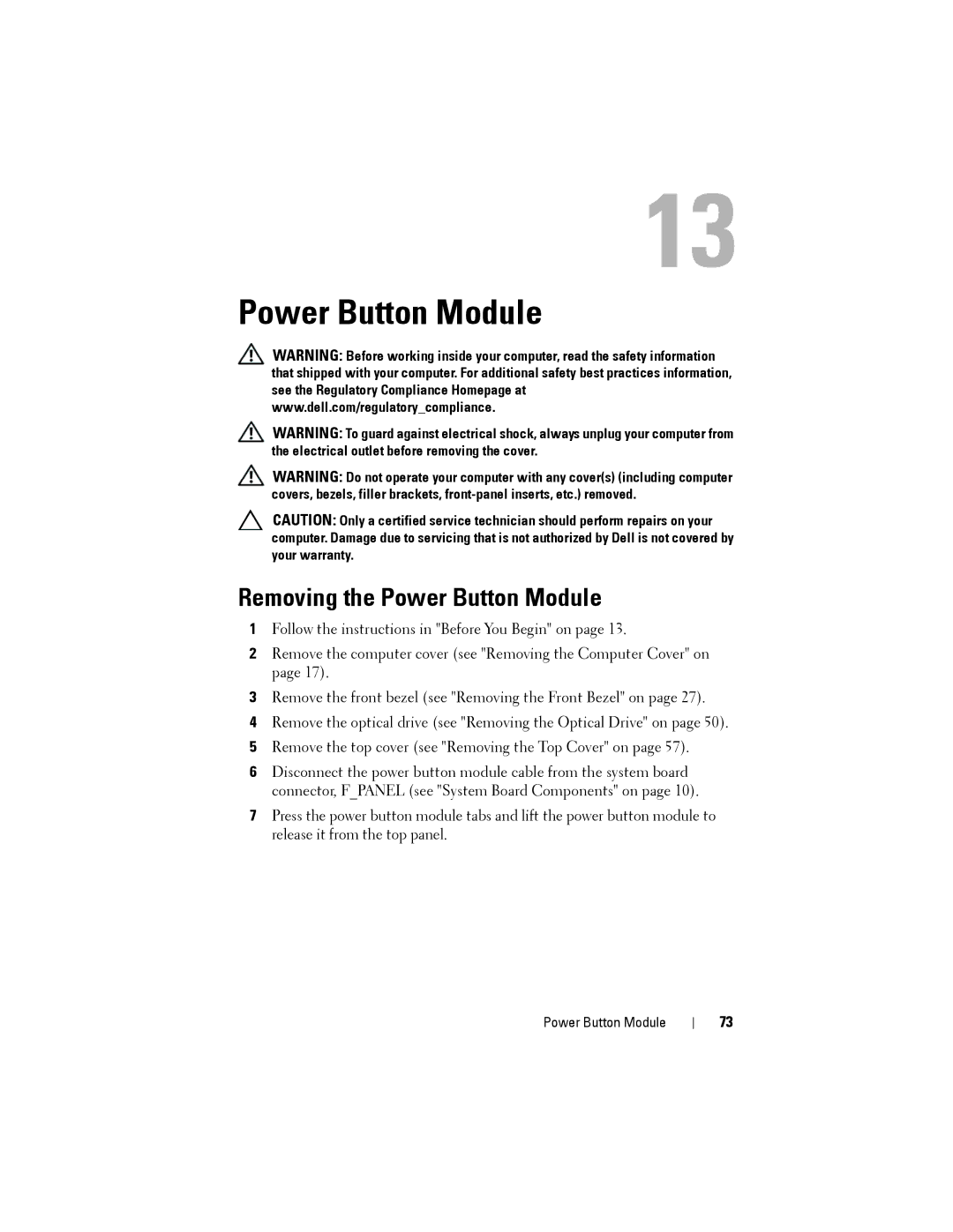 Dell X8300-6059, D03M001 service manual Removing the Power Button Module 