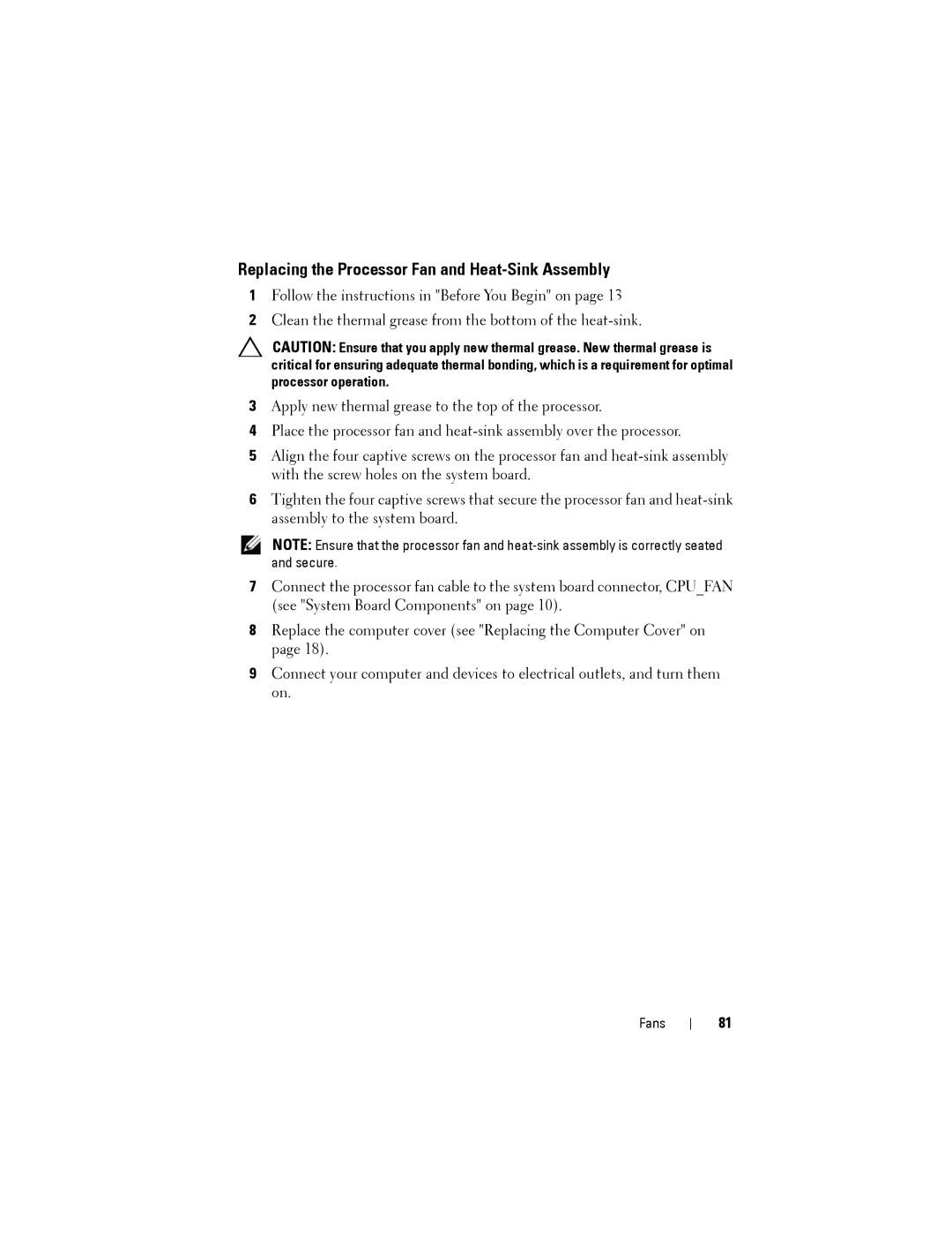 Dell D03M001, X8300-6059 service manual Replacing the Processor Fan and Heat-Sink Assembly 