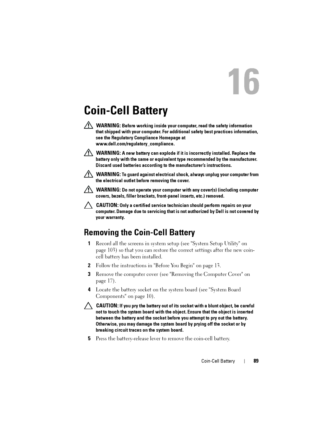 Dell D03M001, X8300-6059 service manual Removing the Coin-Cell Battery 