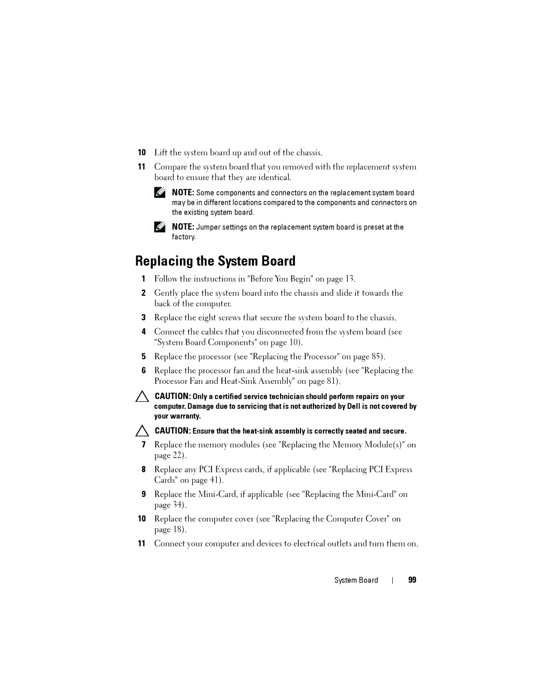 Dell D03M001, X8300-6059 service manual Replacing the System Board 